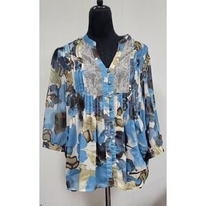 cj banks Women's Blouse Multi Colored  Button Down, 3/4 Sleeve, Covered buttons